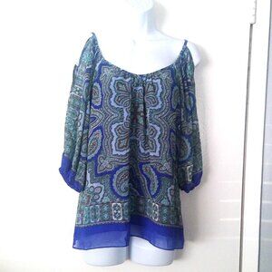 INC International Concepts Petite Cold Shoulder Paisley Top Sheer Sleeves Sz 6 P